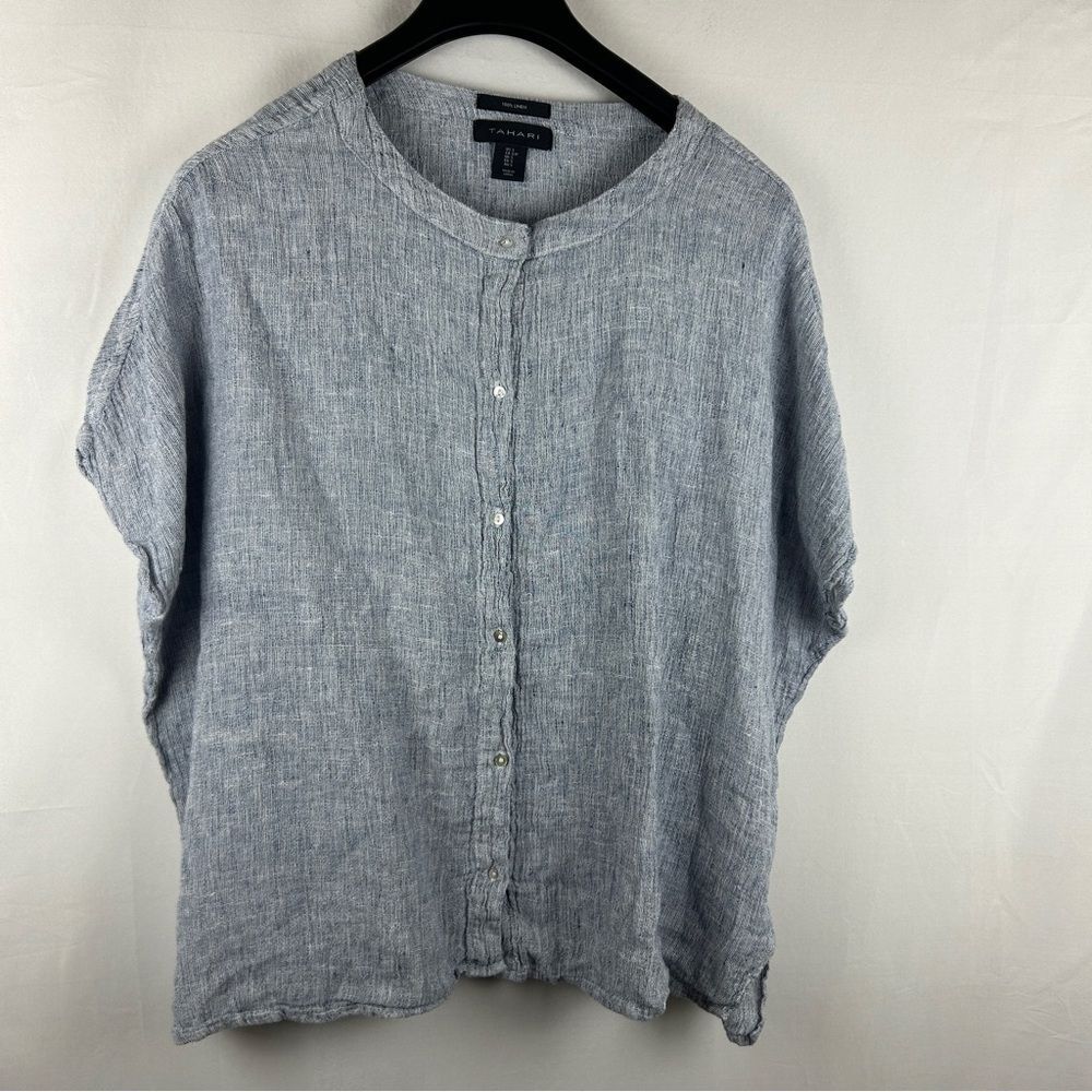 Tahari Light Gray 100% linen Casual oversized Button Down Shirt small